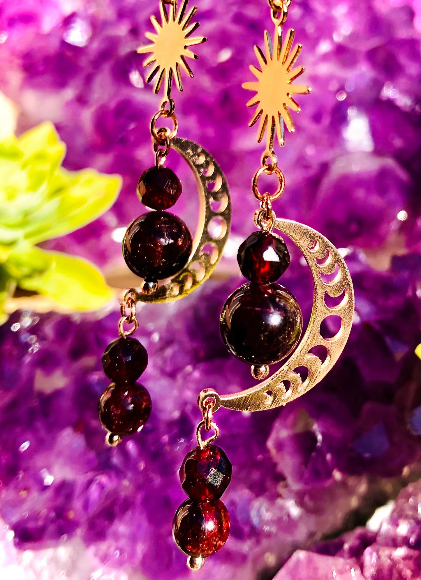 Red Garnet Crescent Sun and Moon Phase Earring
