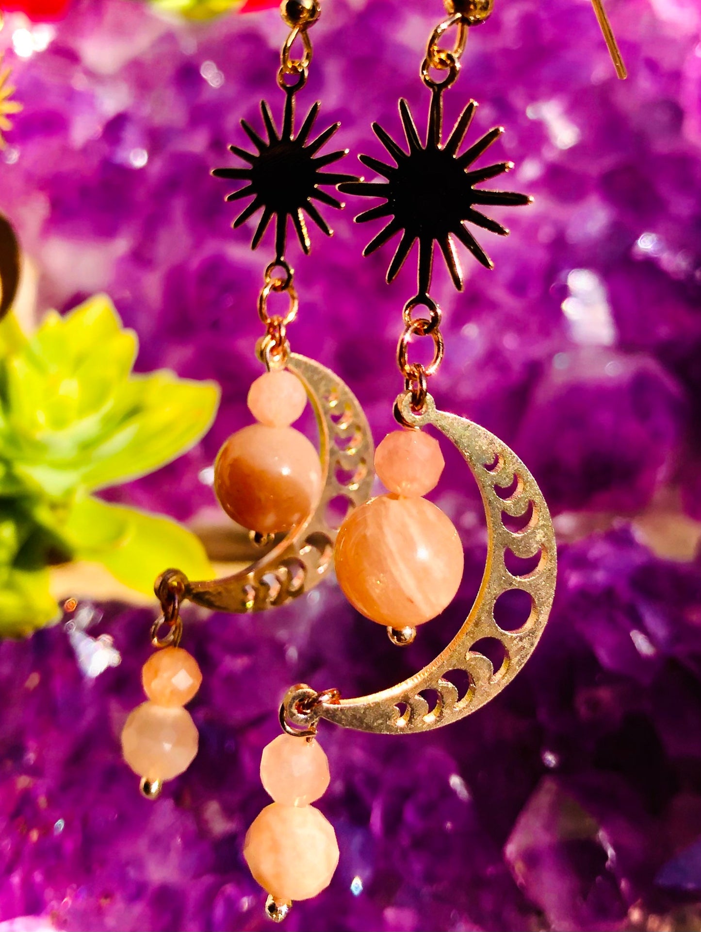Crescent sun and moon phase sunstone earring
