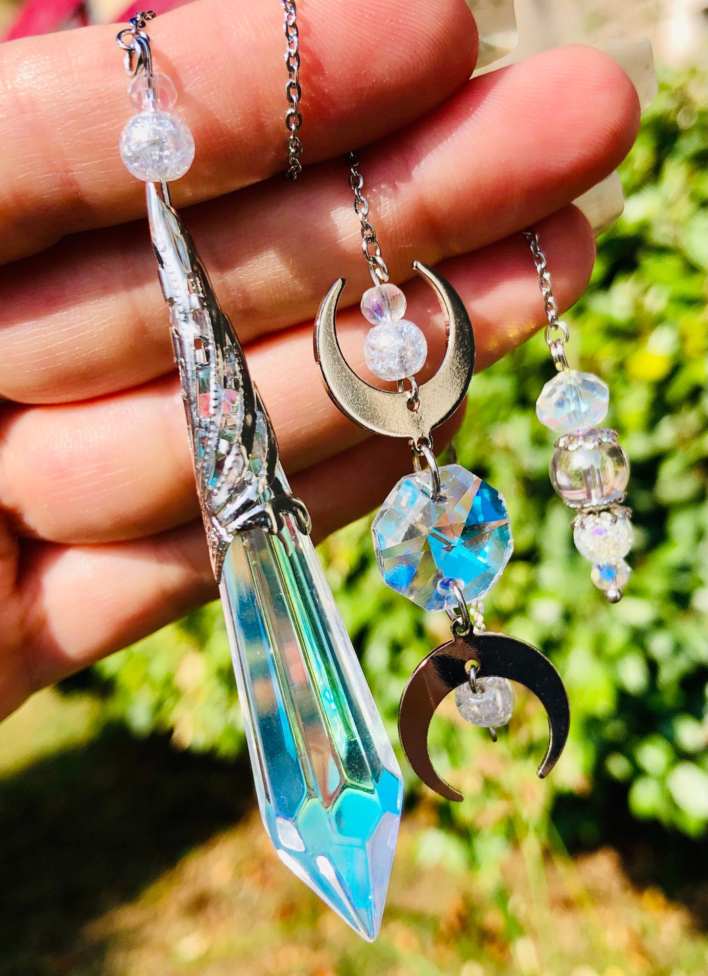 Aura glass and cracked crystal aura moon phase pendulum