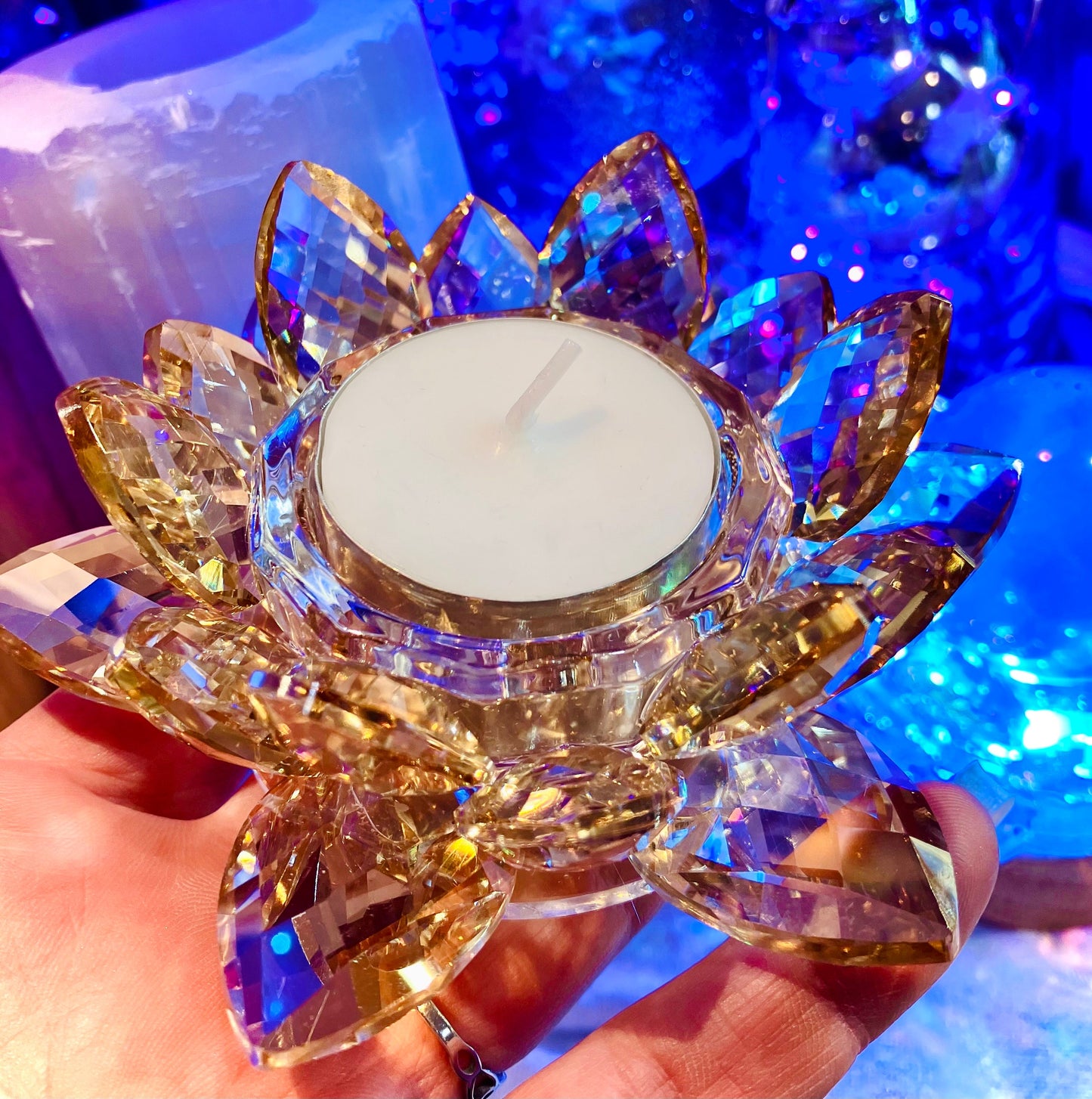 Amber glass crystal lotus flower candle holder