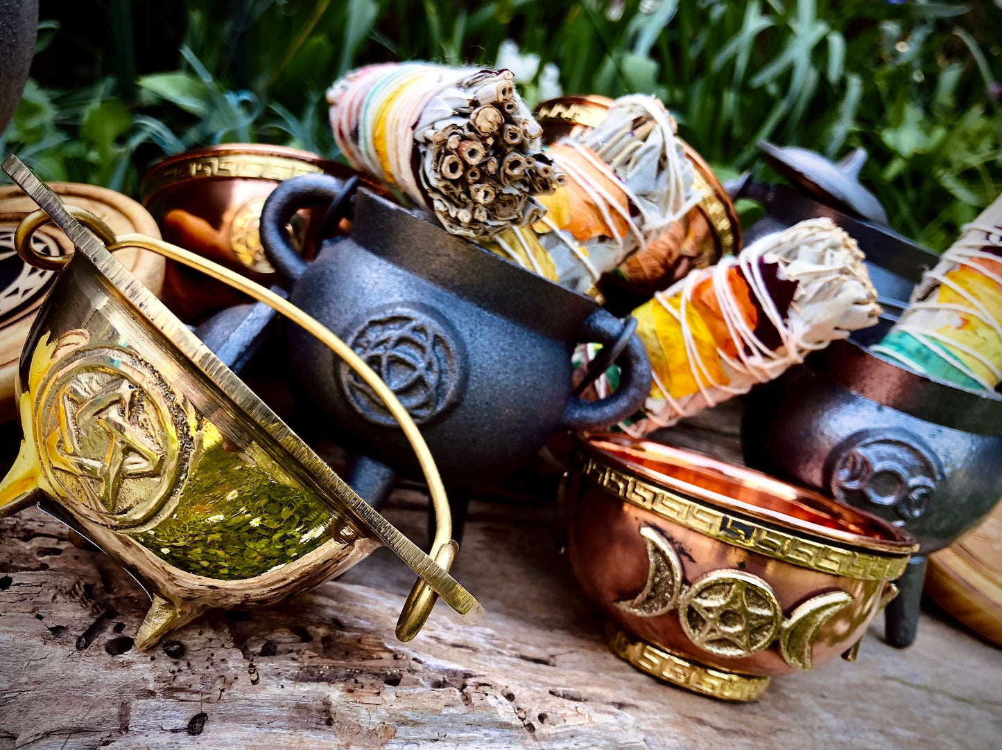 Copper cauldron triquetra flower of life triple moon