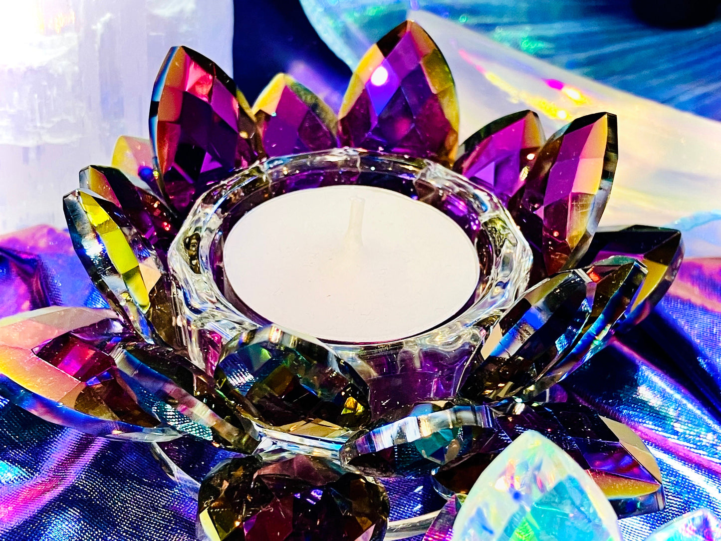 Rainbow Purple Glass Crystal Lotus Flower Candle Holder
