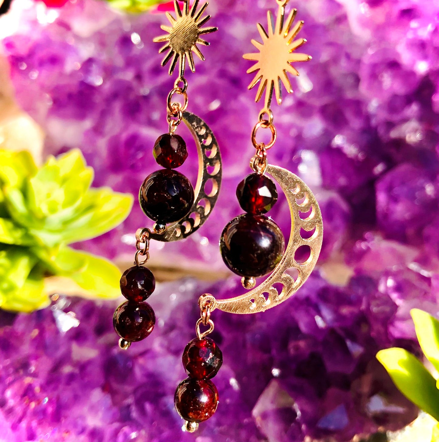Red Garnet Crescent Sun and Moon Phase Earring