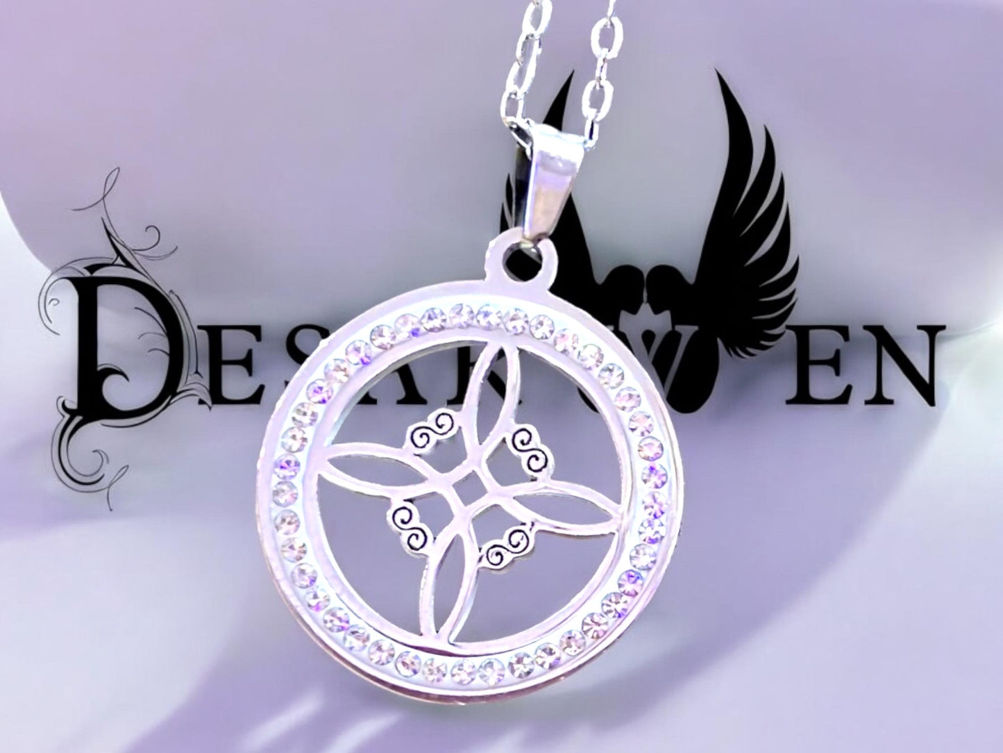 Stainless steel and rhinestone witch's knot pendant