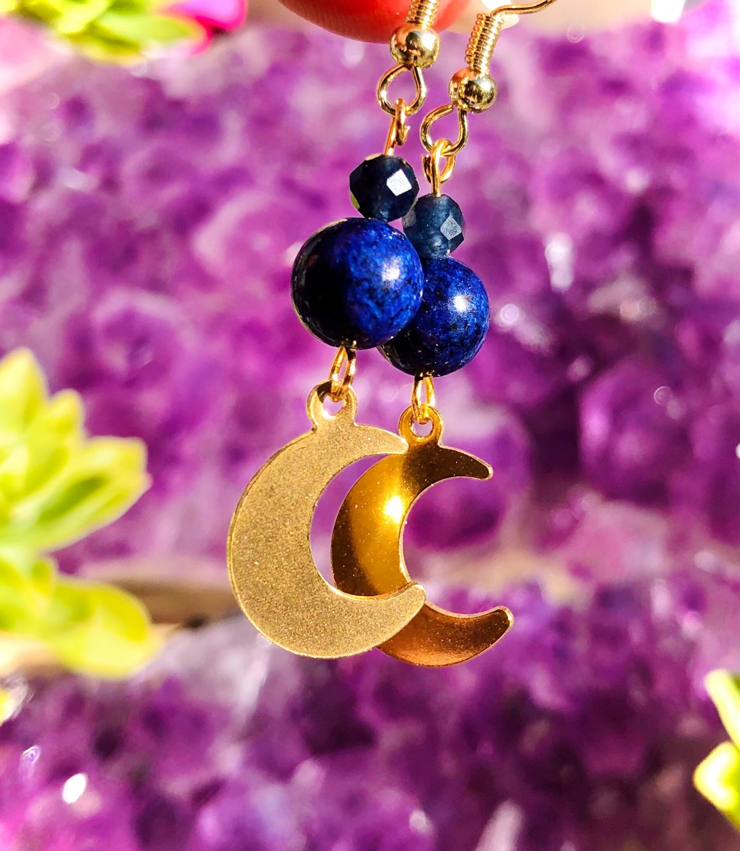 Small faceted blue sapphire and lapis lazuli crescent moon earring
