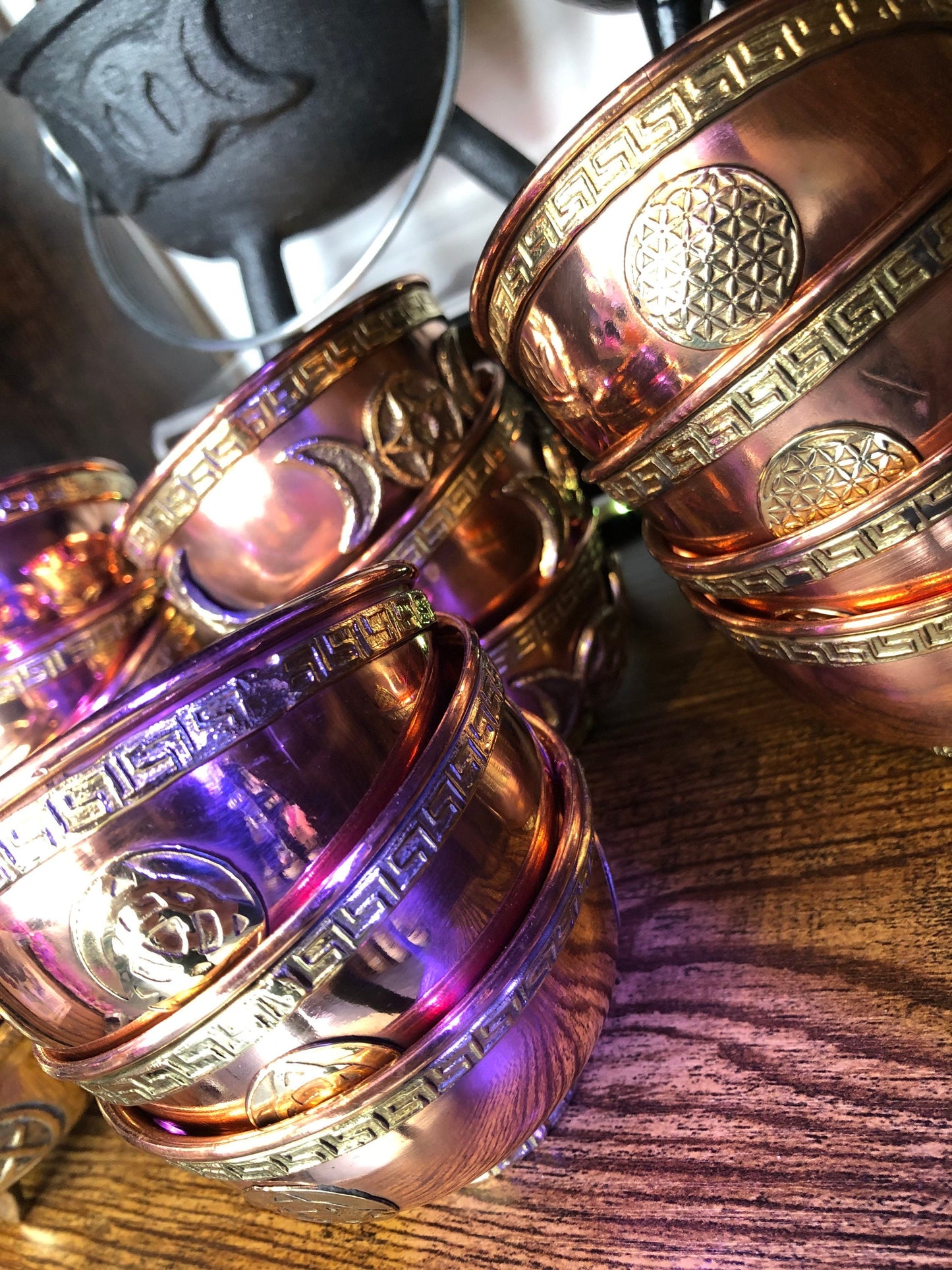 Copper cauldron triquetra flower of life triple moon