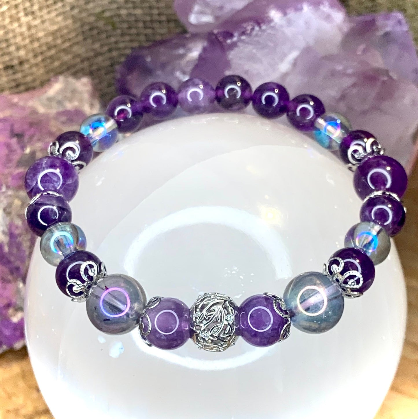Aqua aura amethyst and amethyst aura protection and soothing bracelet