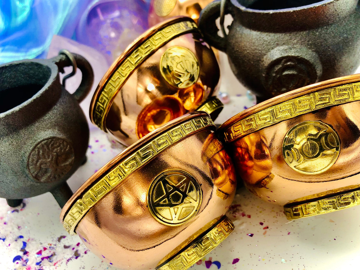 Copper cauldron triquetra flower of life triple moon