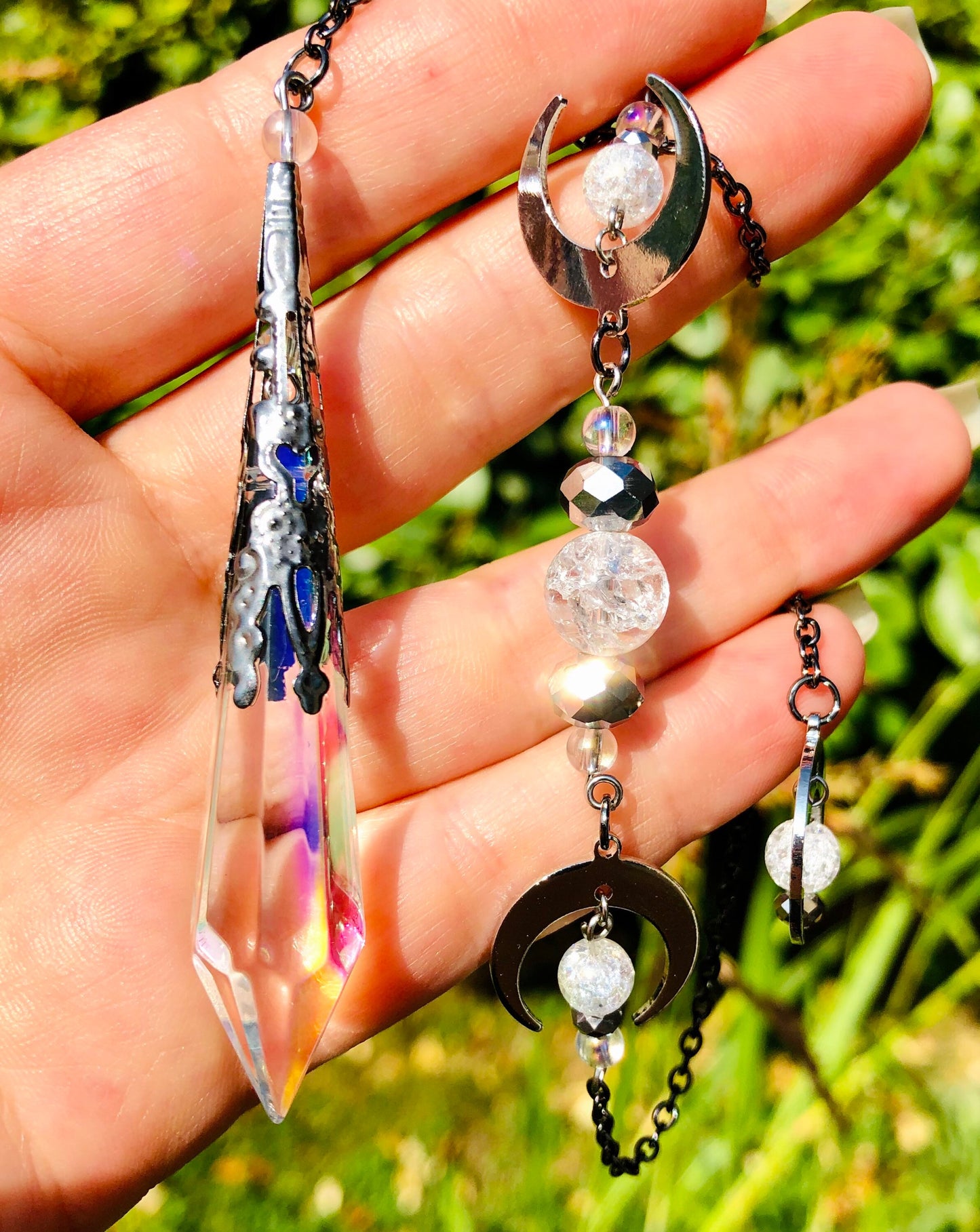 Aura glass and cracked crystal aura moon phase pendulum