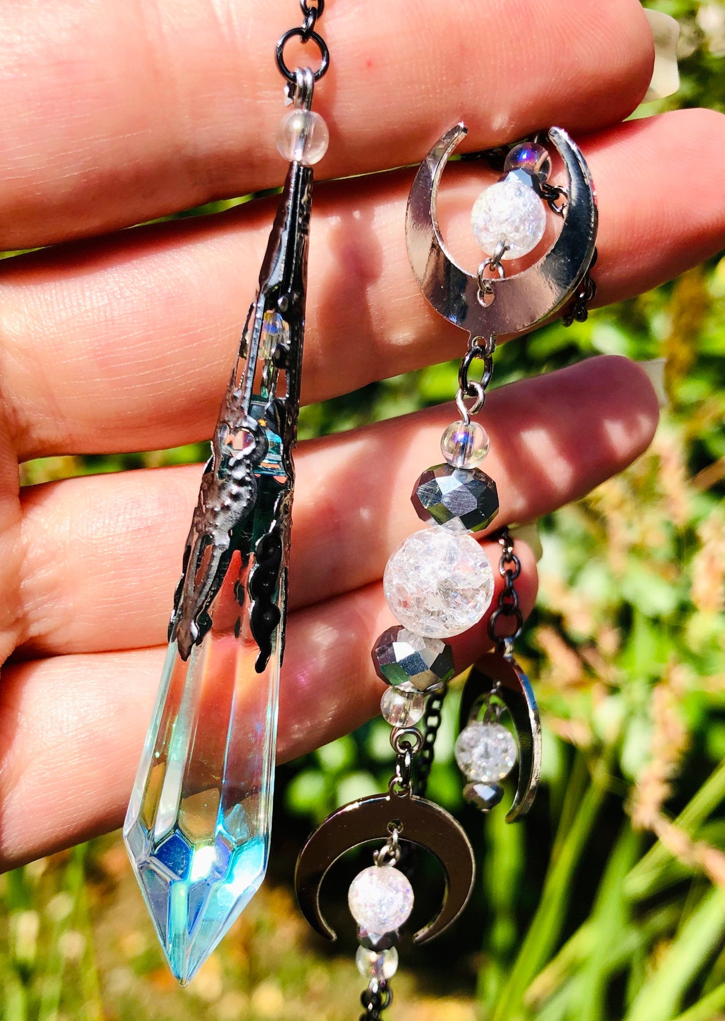 Aura glass and cracked crystal aura moon phase pendulum