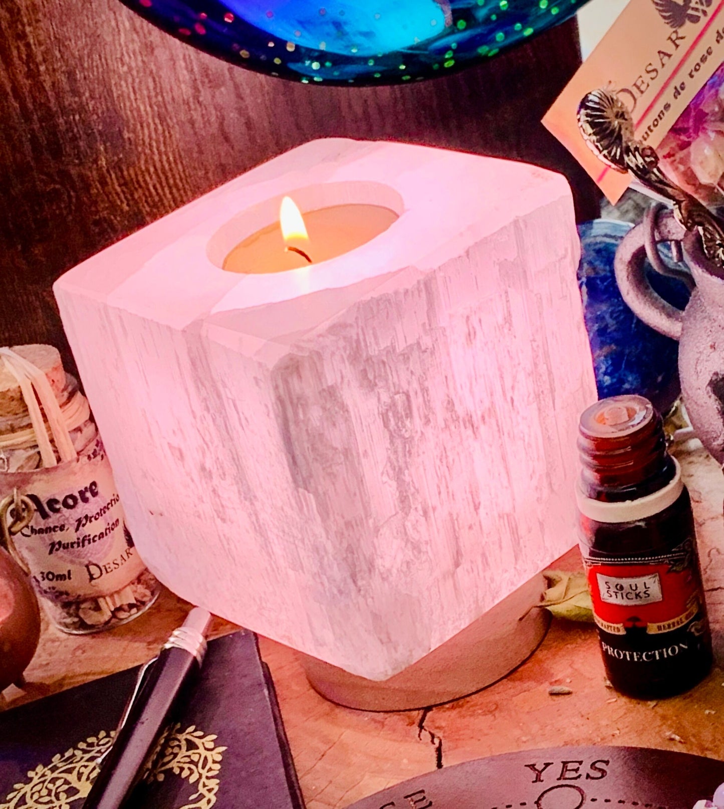 Selenite candle holder USB lamp