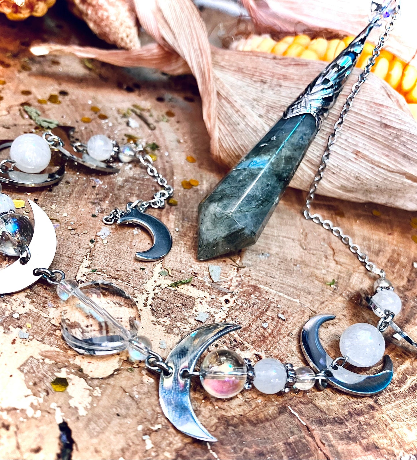 Rainbow labradorite moon phase pendulum