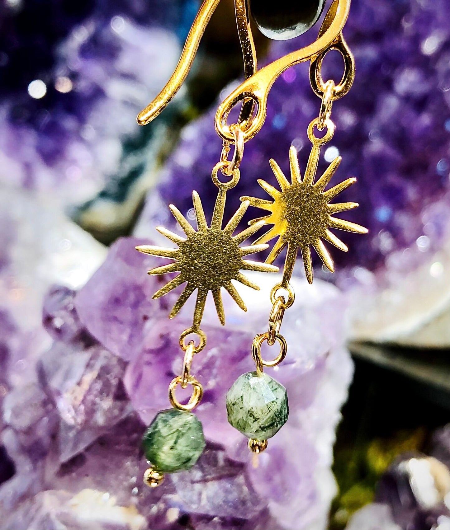 Green rutile quartz sun earring