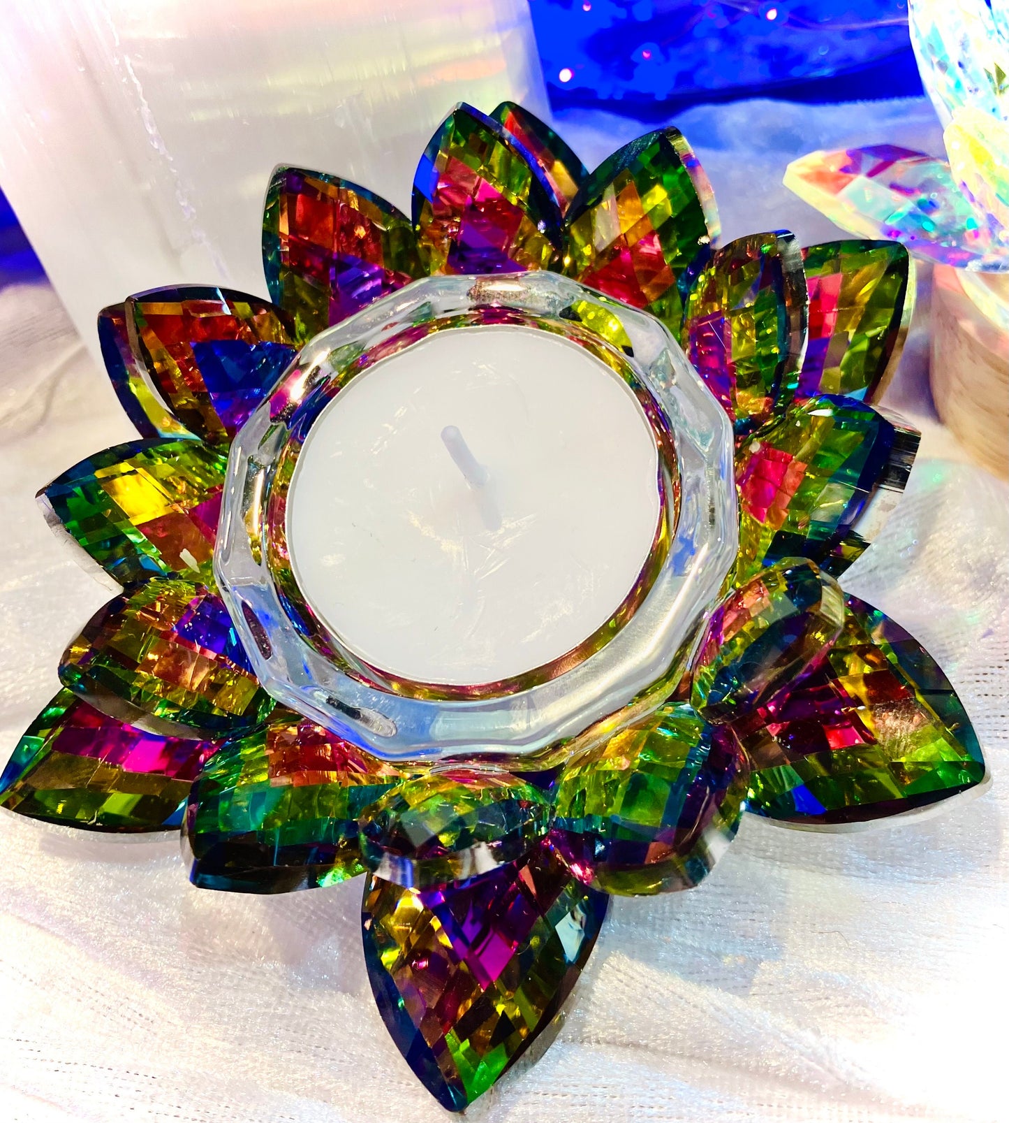 Multichrome crystal glass lotus flower candle holder
