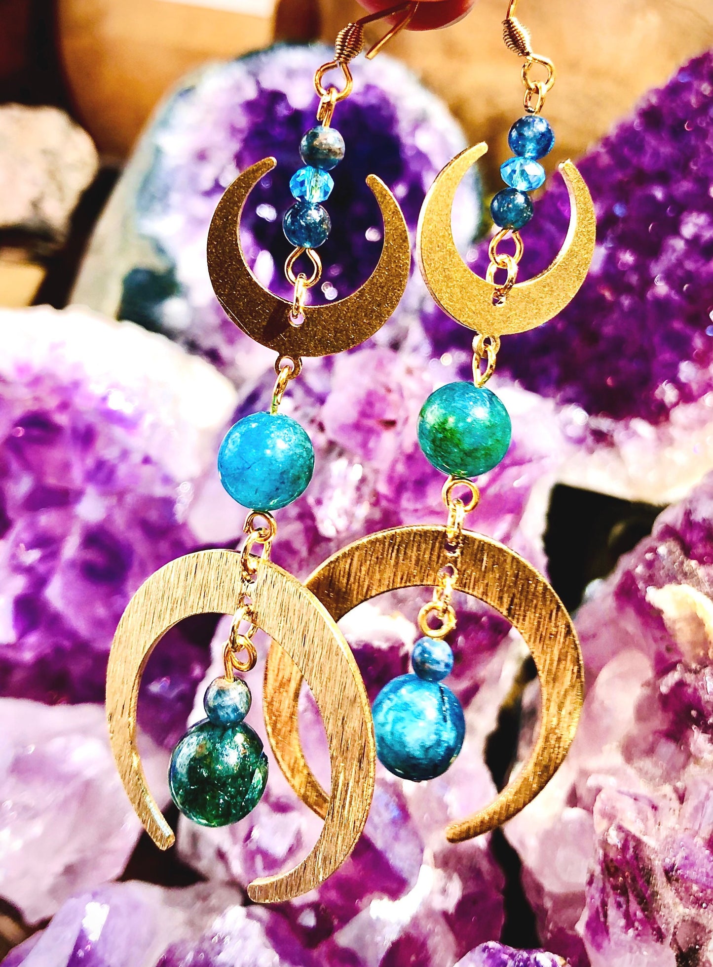 Blue apatite triple moon crescent moon earring