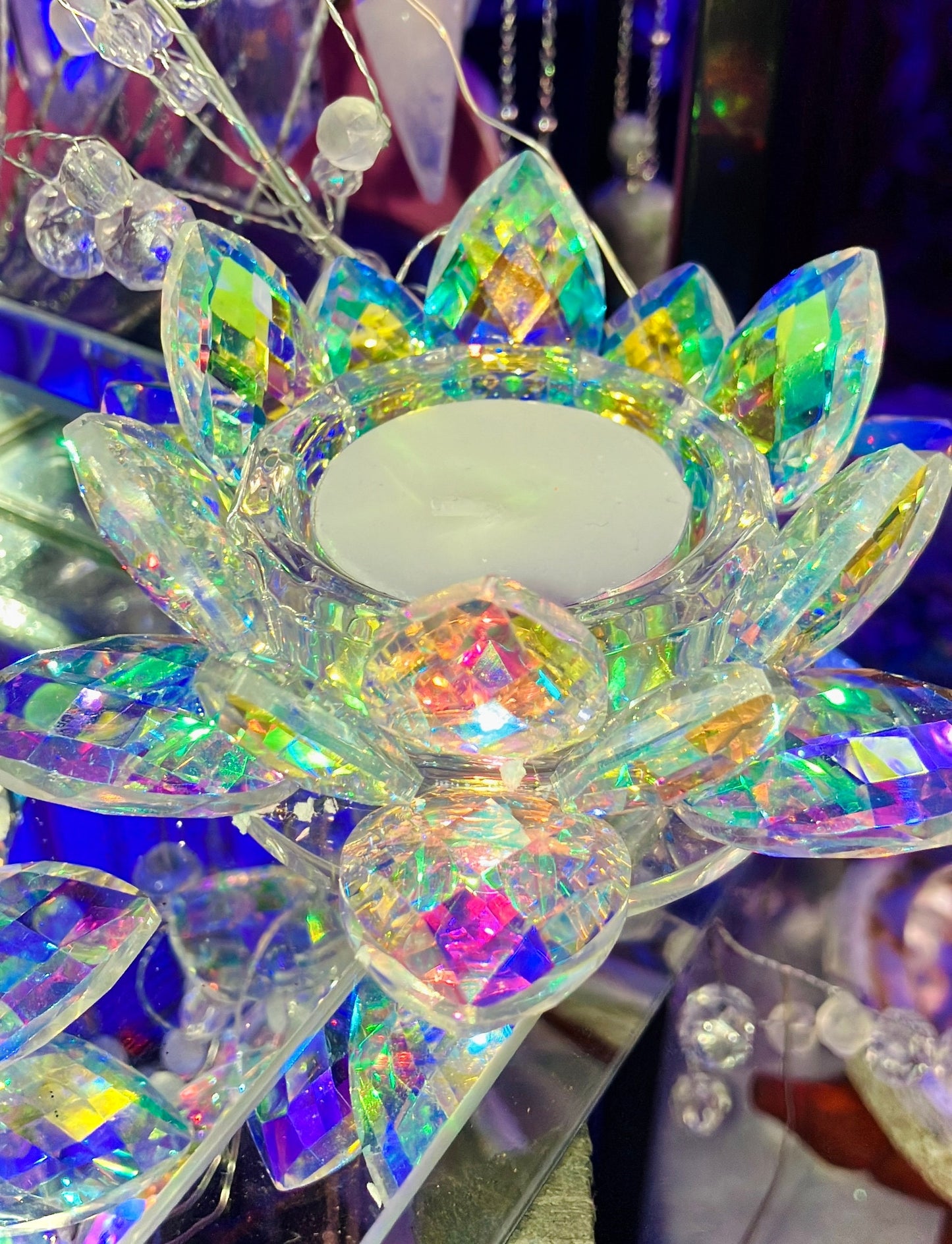 Rainbow Glass Crystal Lotus Flower Candle Holder
