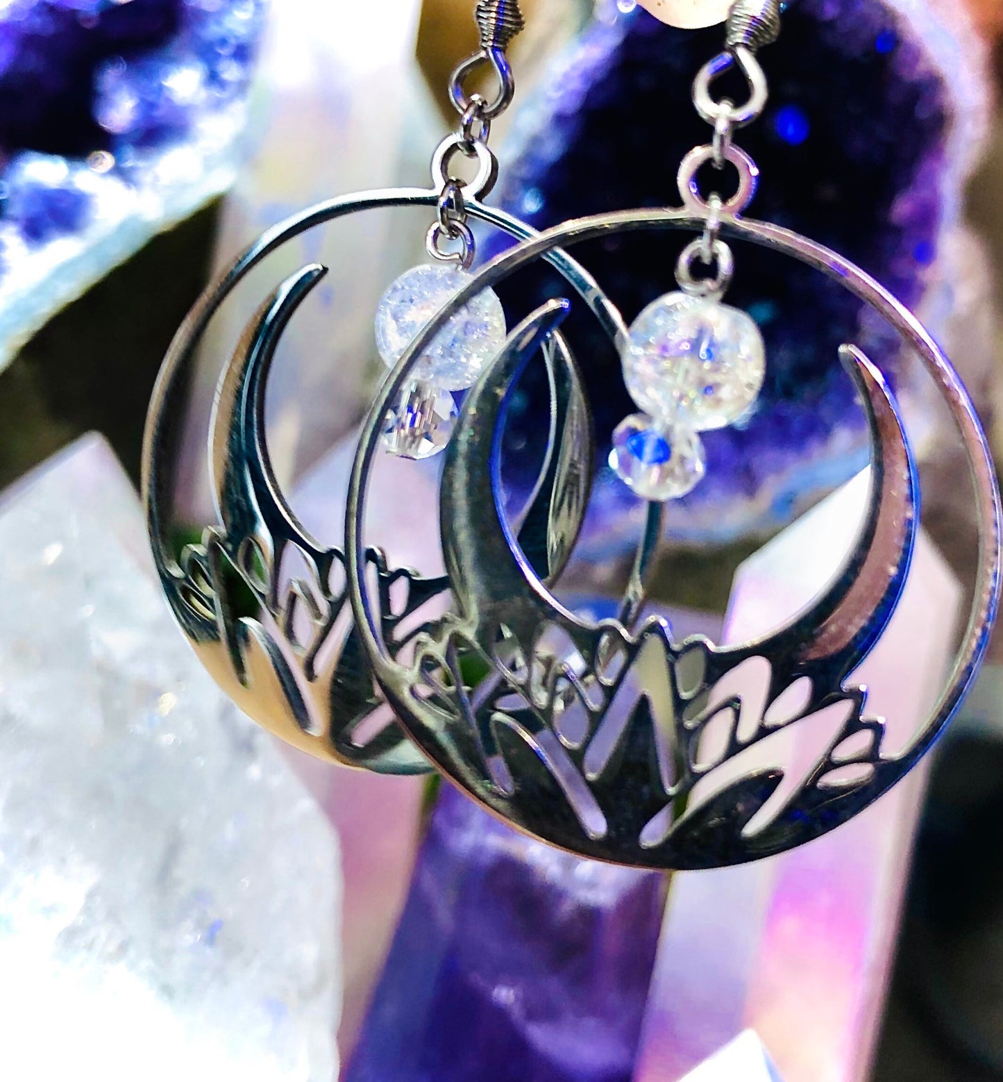 Aura Angel Crackle Crystal Lotus Flower Earring