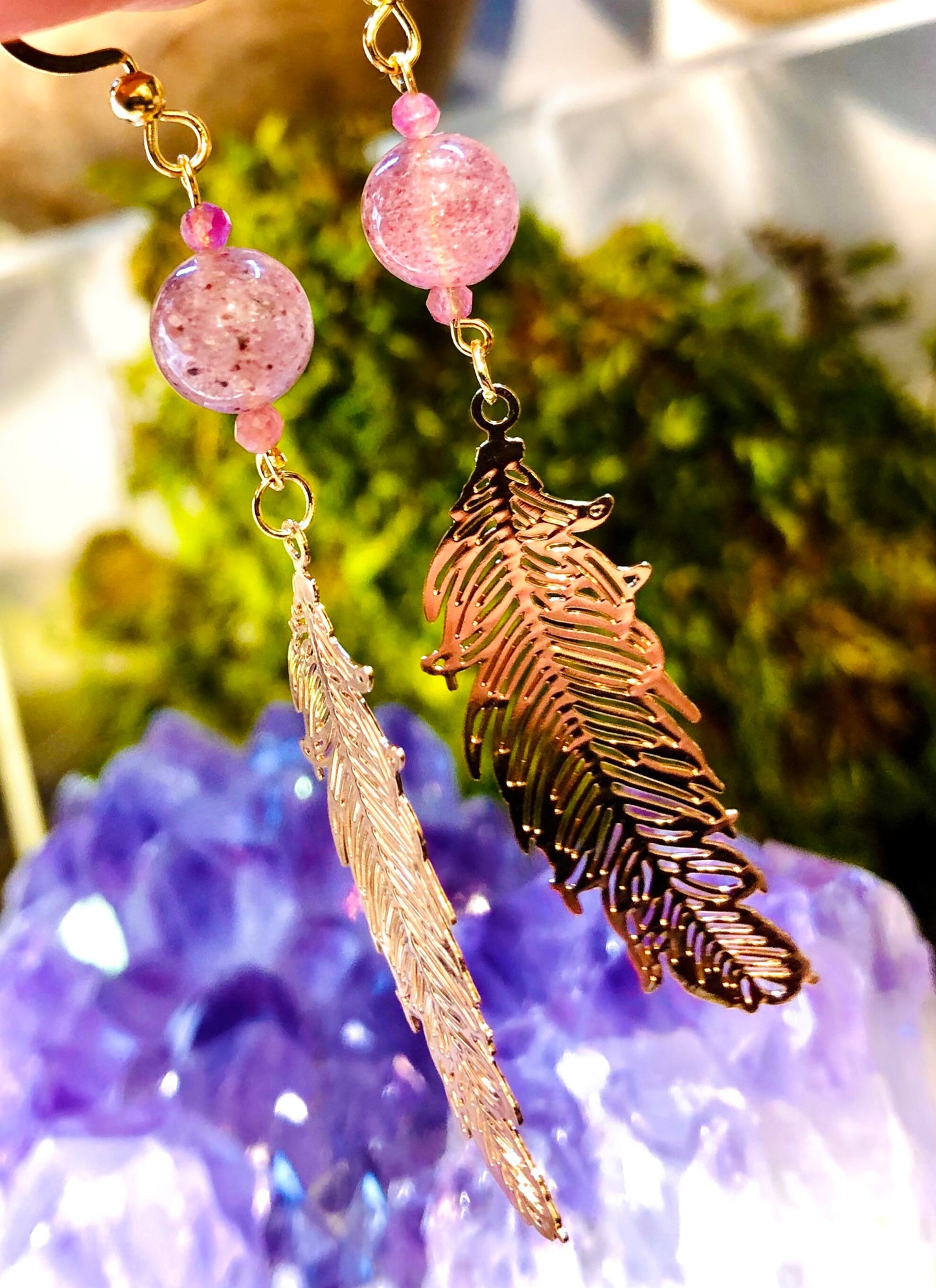 Rose gold filigree and strawberry quartz feather earrings
