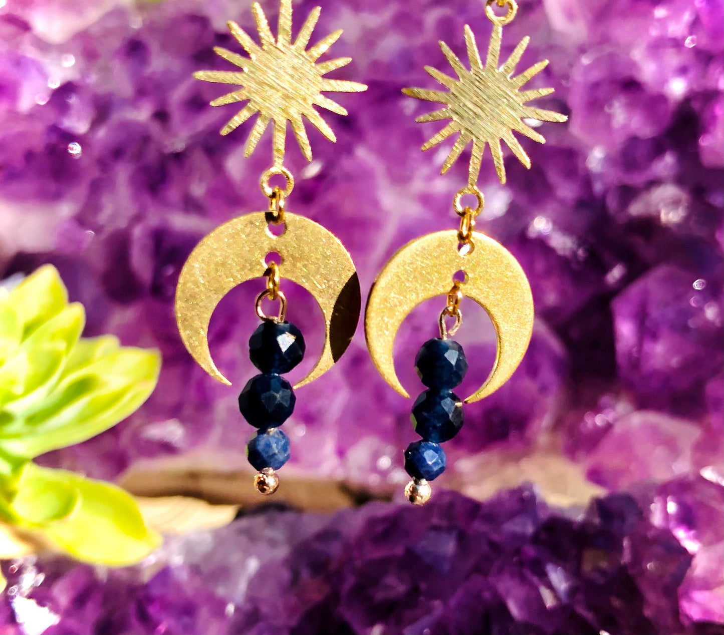 Small crescent moon sun earring stainless steel brass blue sapphire faceted