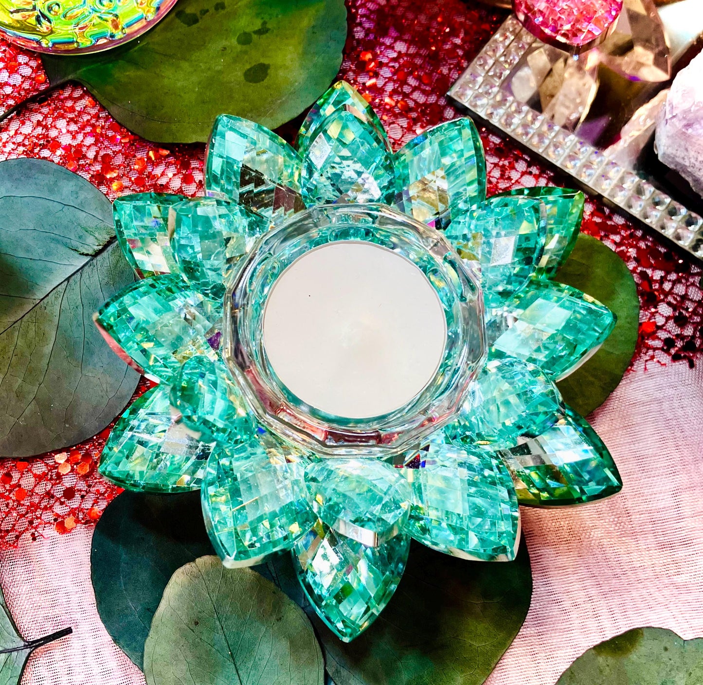 Green glass crystal lotus flower candle holder