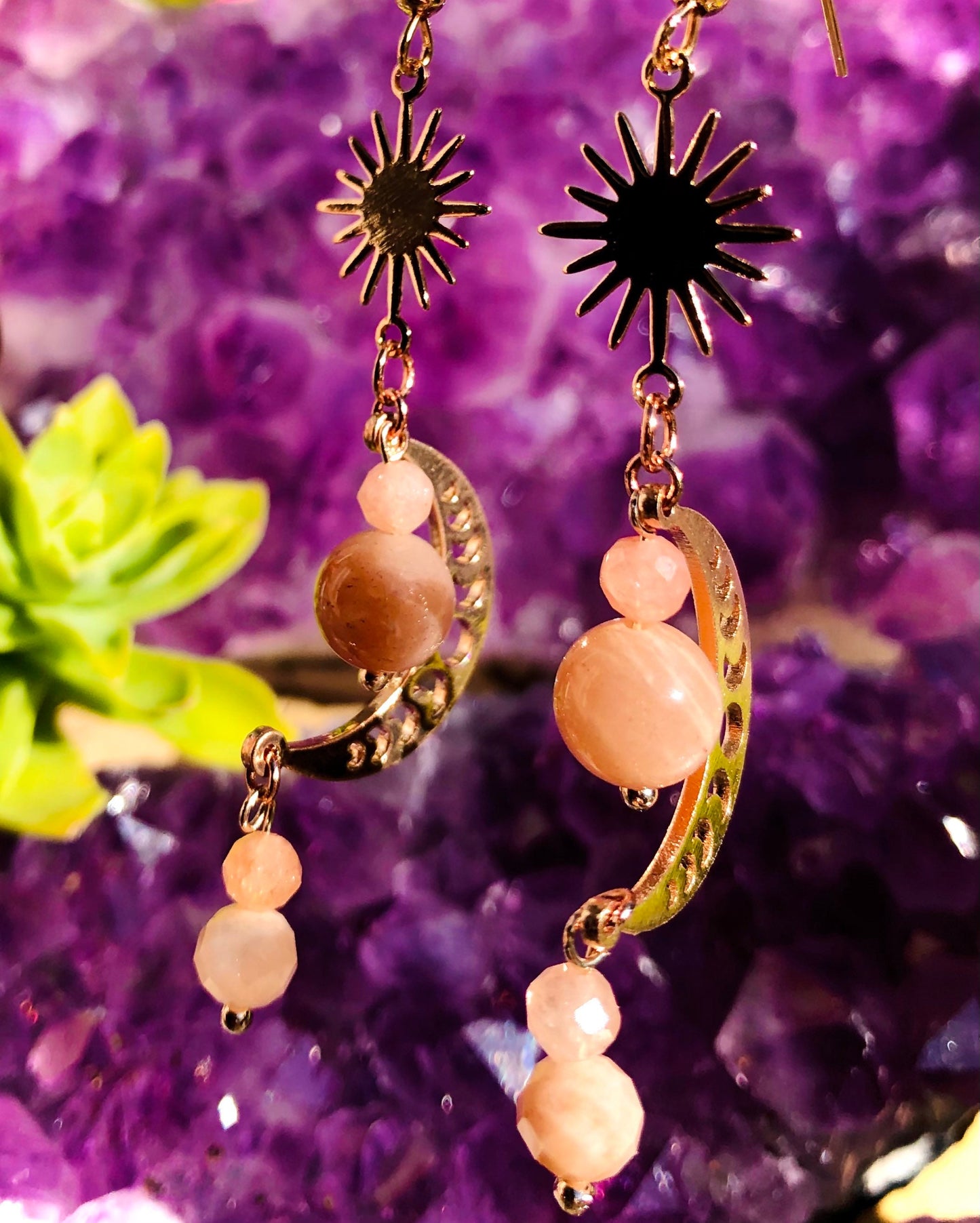 Crescent sun and moon phase sunstone earring