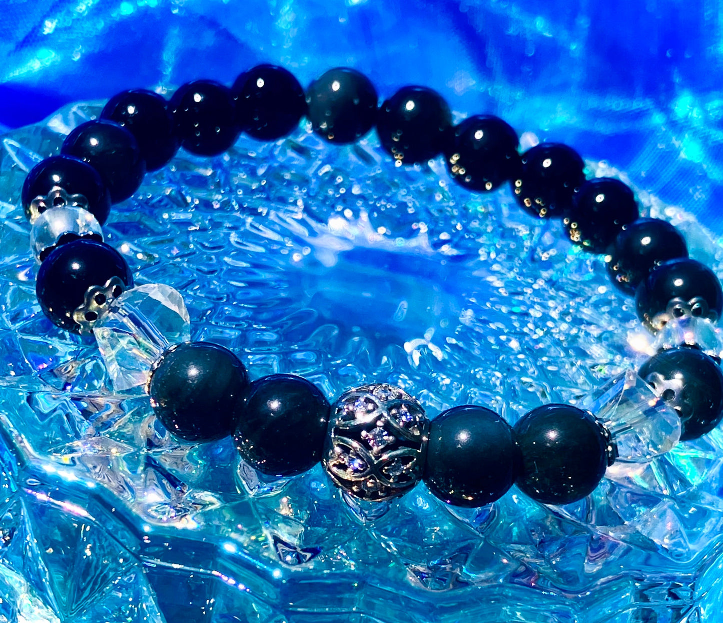 Labradorite, Celestial Obsidian, Onyx and Angel Aura Crystal Protection Bracelet