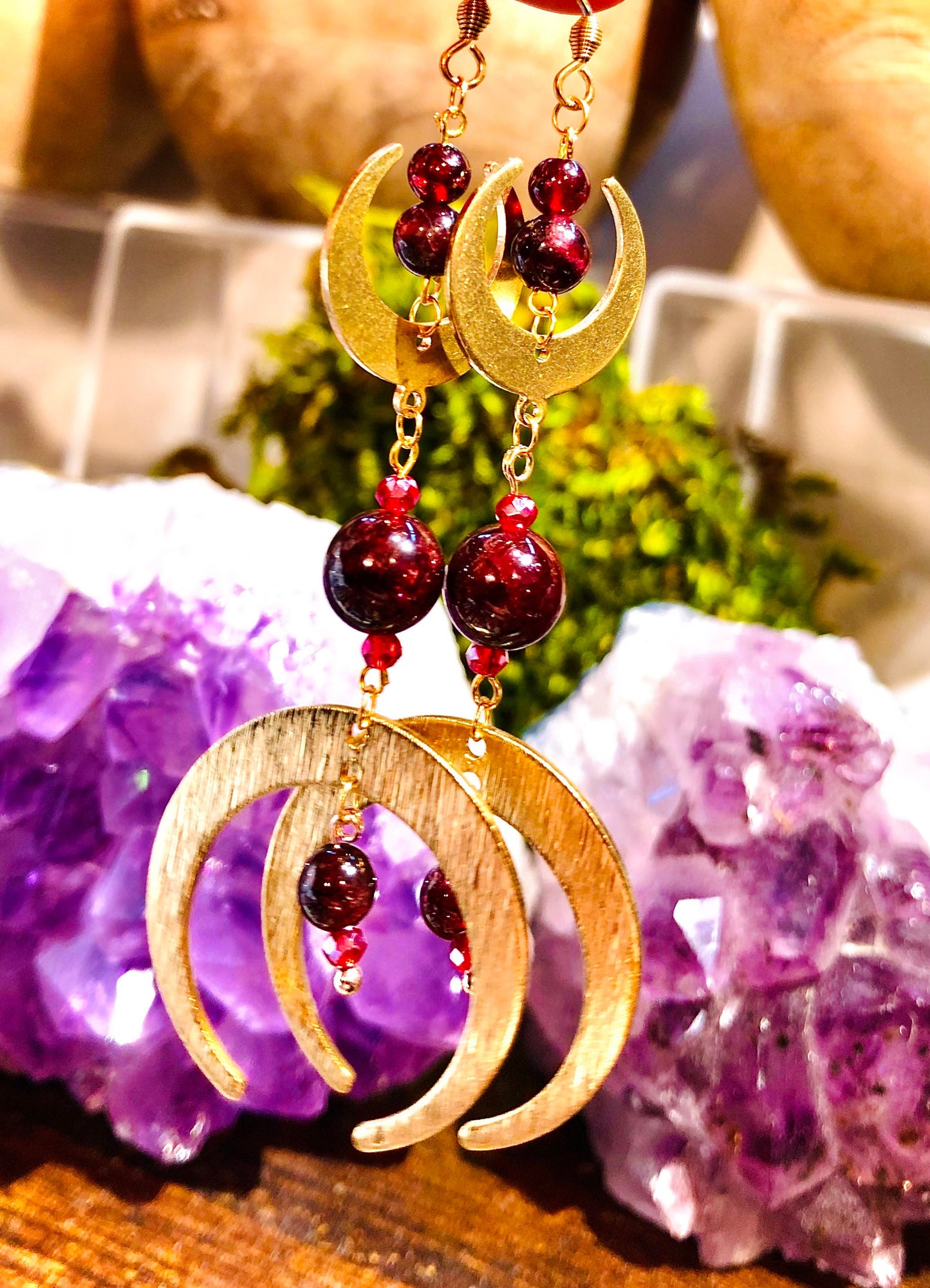 Garnet Triple Moon Crescent Moon Earring