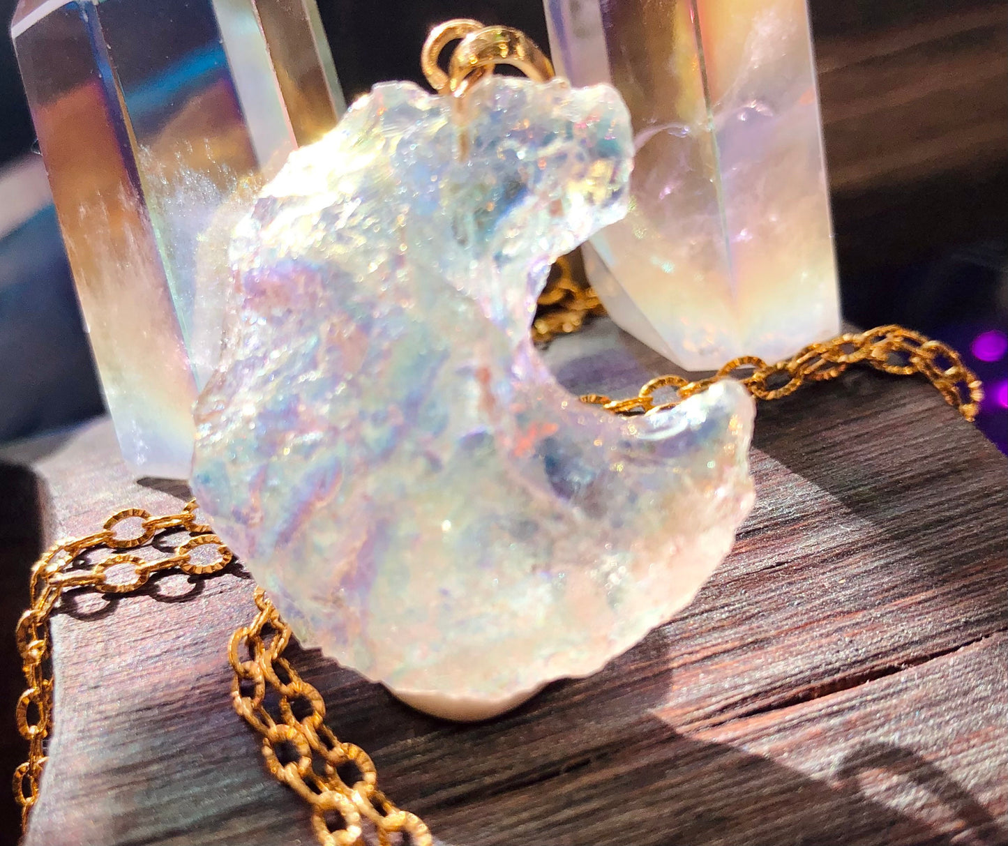 Angel Aura Crystal Crescent Moon Pendant