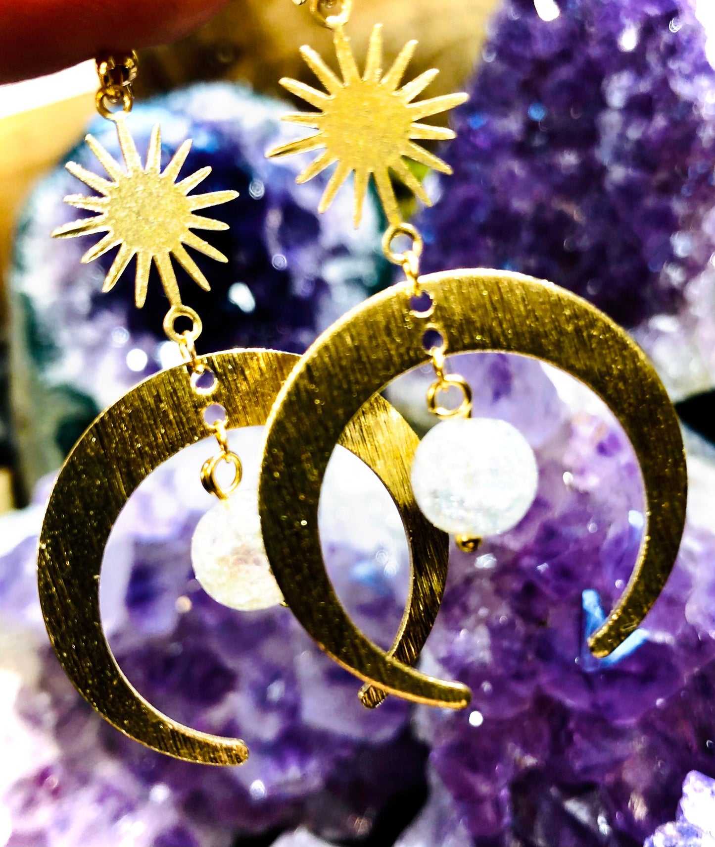 Crescent Moon and Aura Crackle Crystal Earring