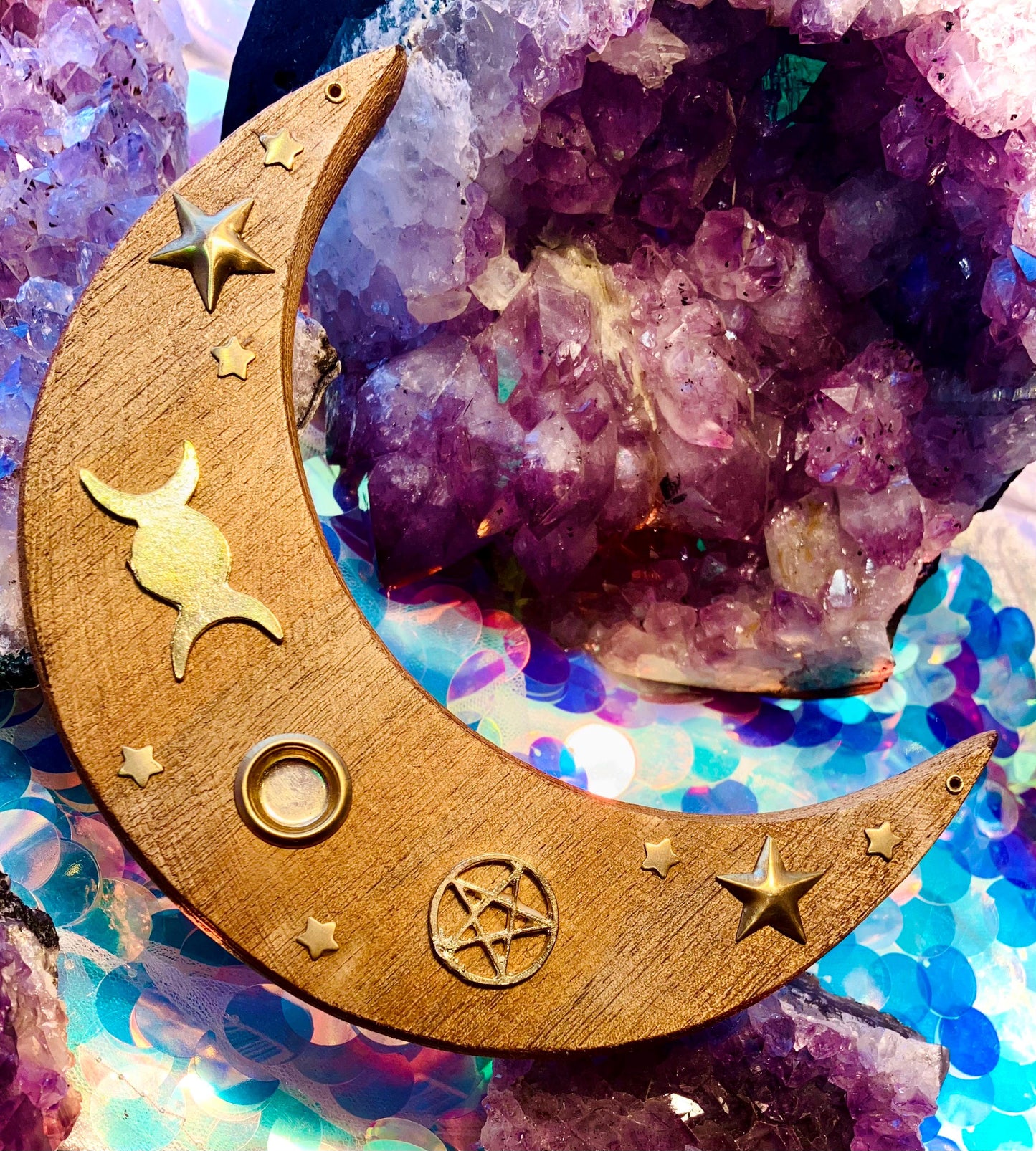 Large crescent moon incense stick and cone holder