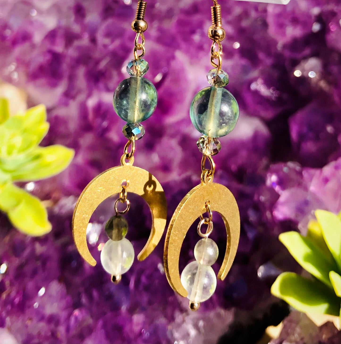 Crescent and moon phase earrings, stainless steel, brass and fluorites