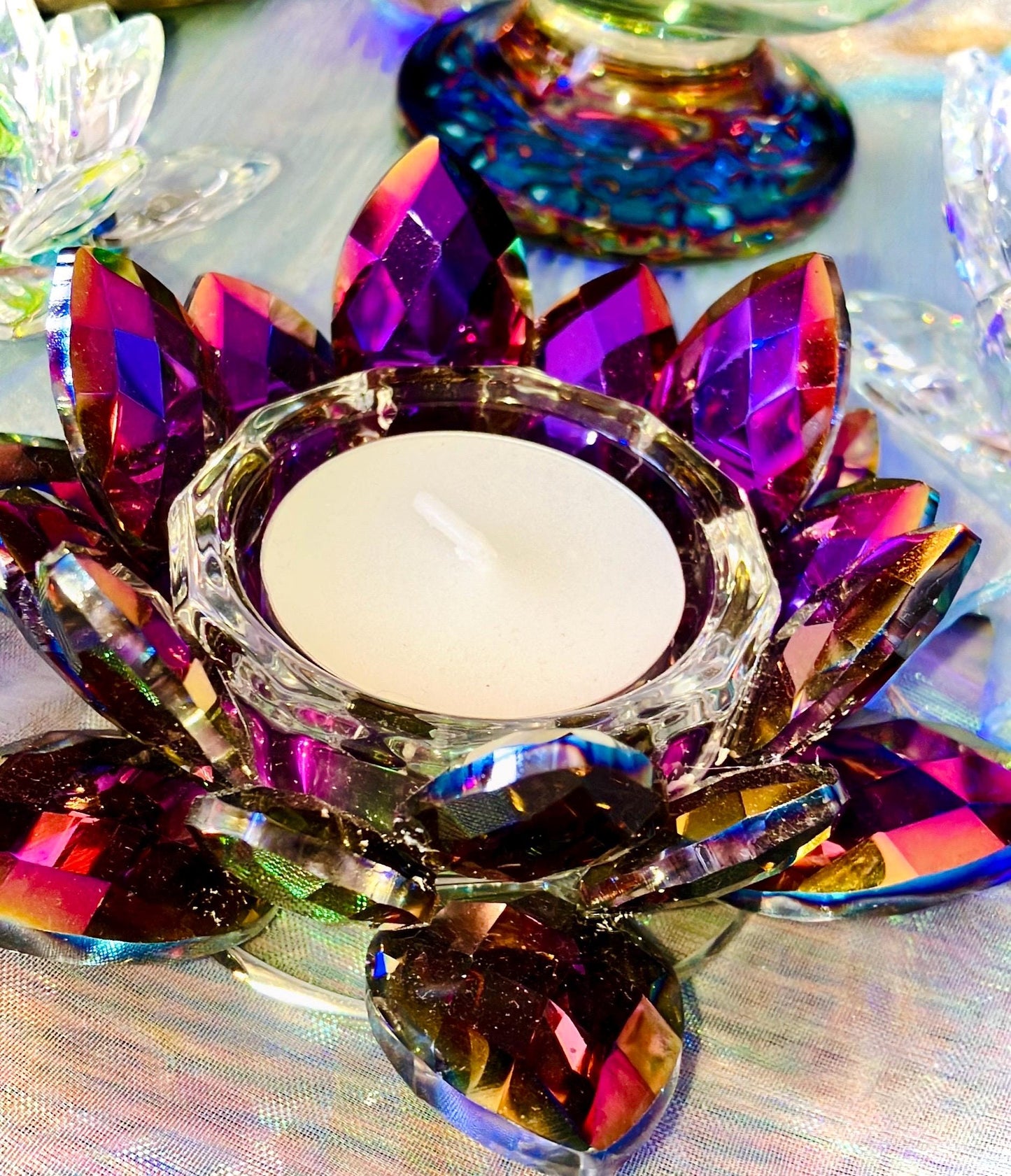 Rainbow Purple Glass Crystal Lotus Flower Candle Holder