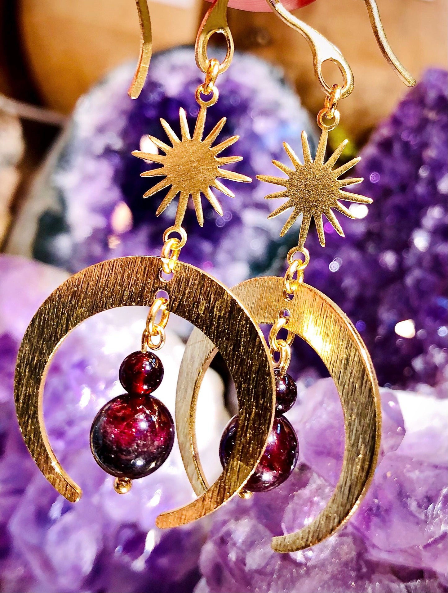 Sun, moon and garnet earrings