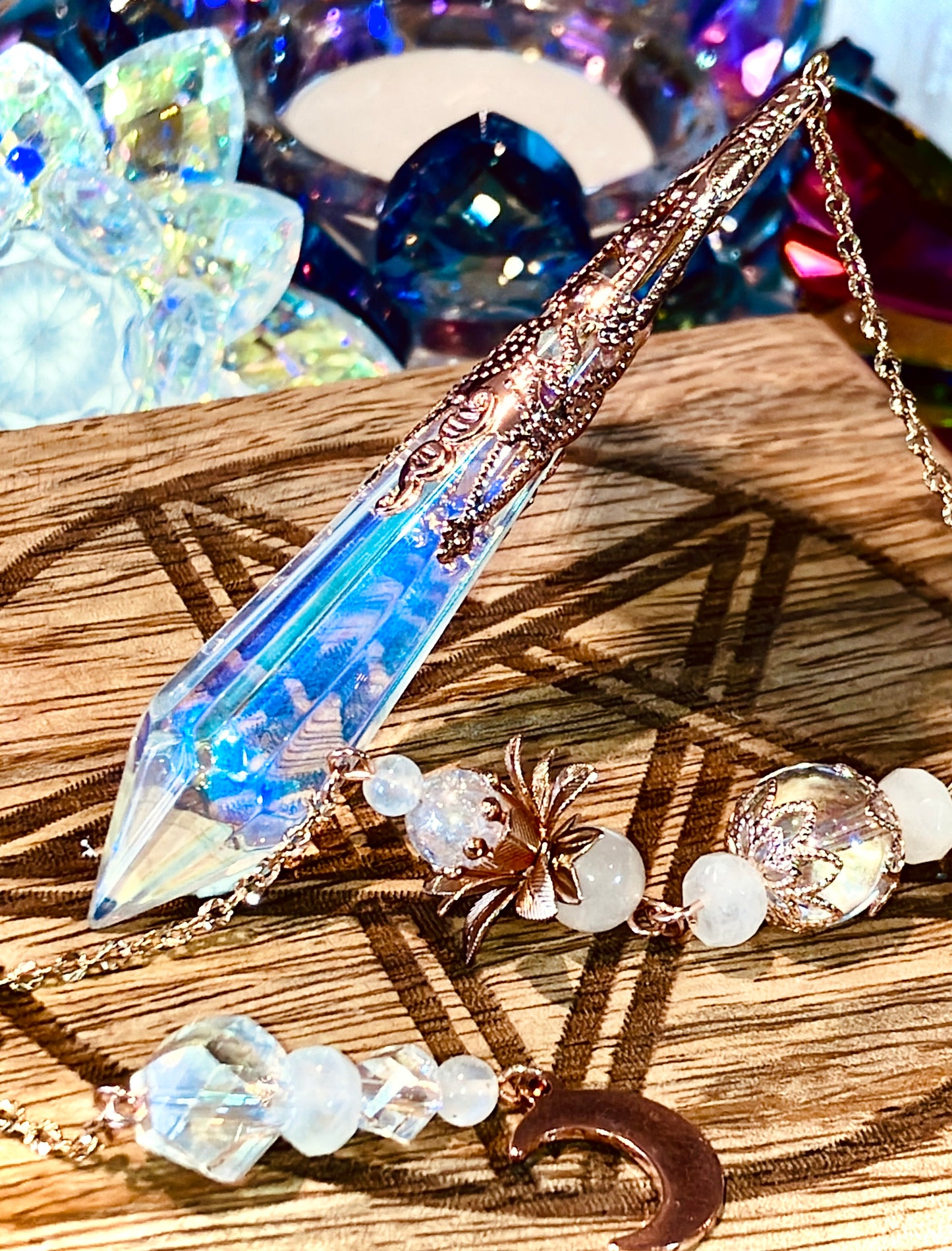 Aura glass and blue moonstone pendulum