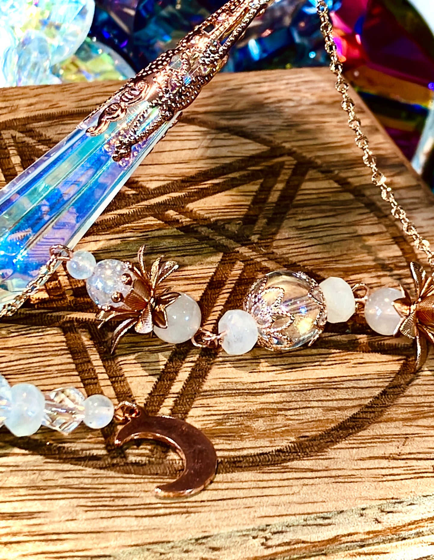 Aura glass and blue moonstone pendulum