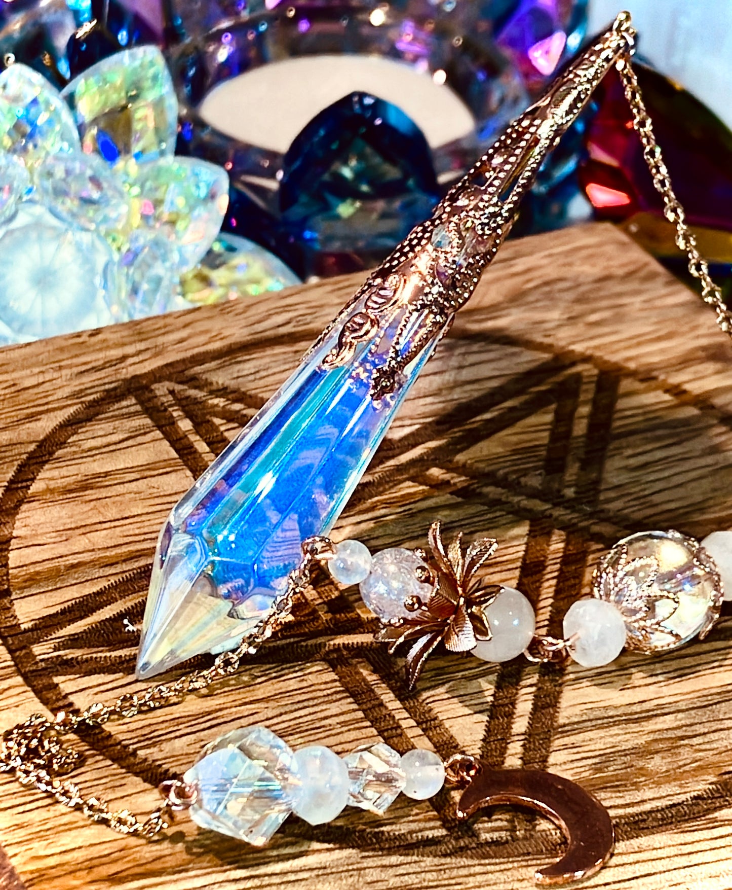 Aura glass and blue moonstone pendulum