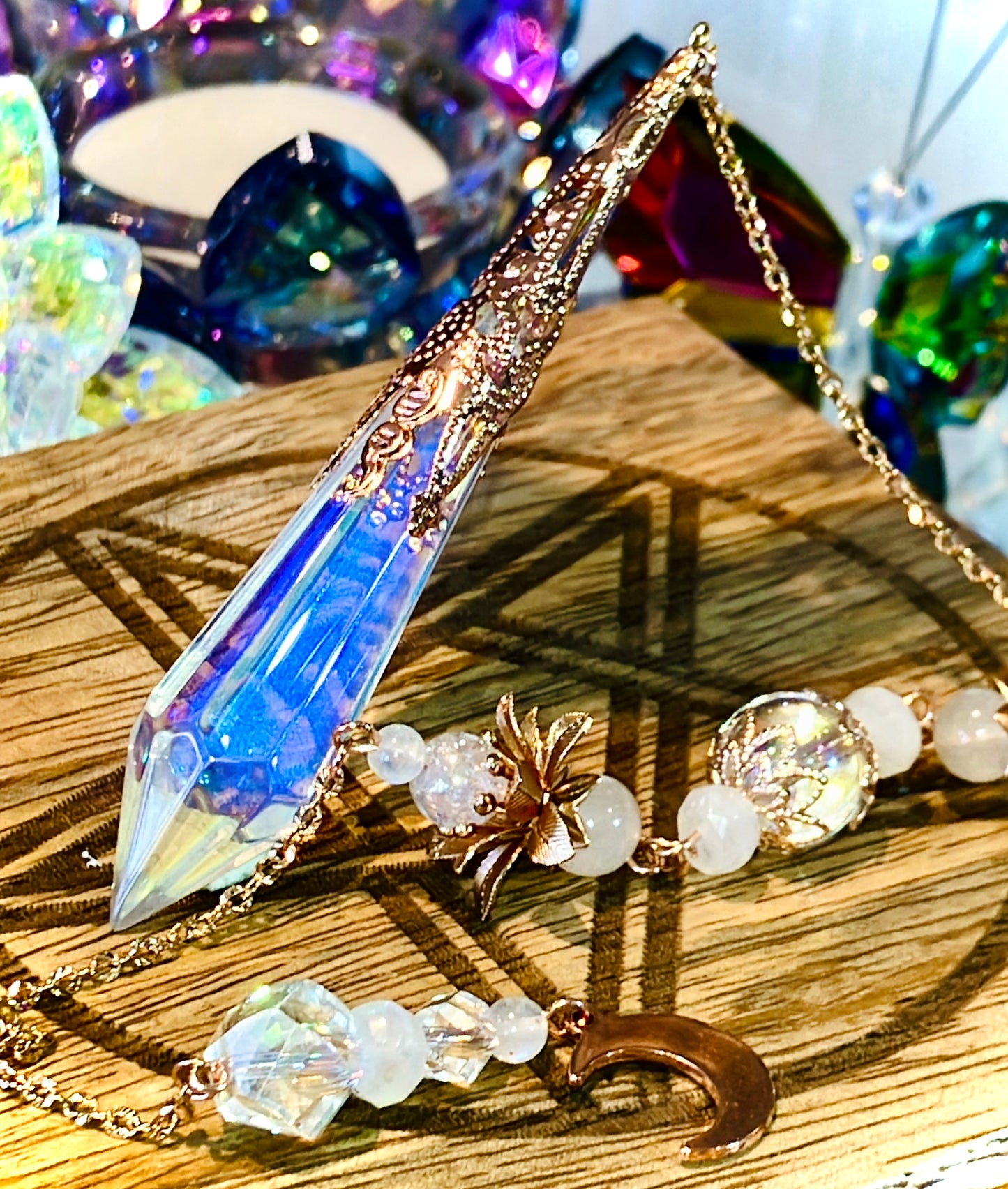 Aura glass and blue moonstone pendulum