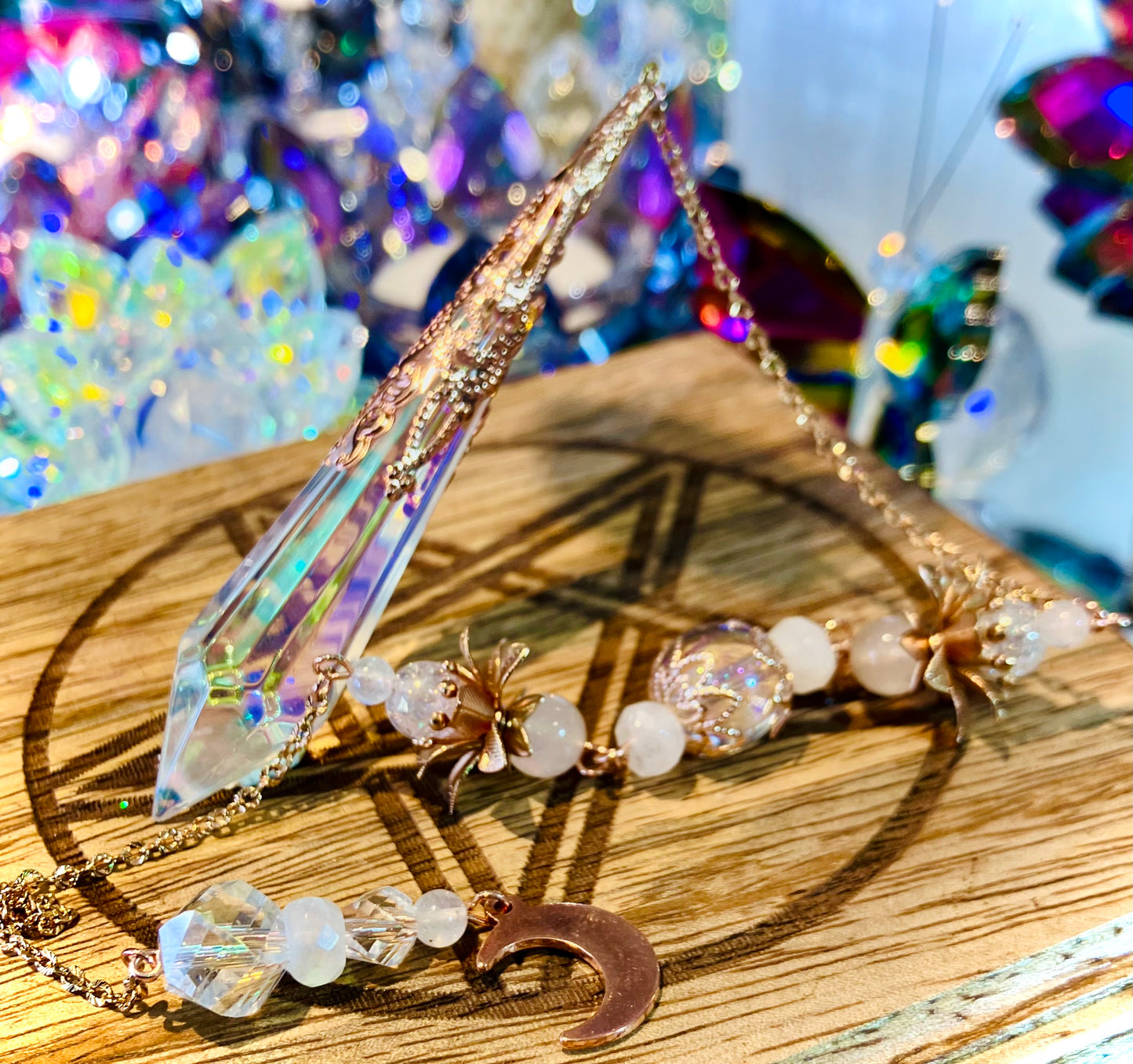 Aura glass and blue moonstone pendulum