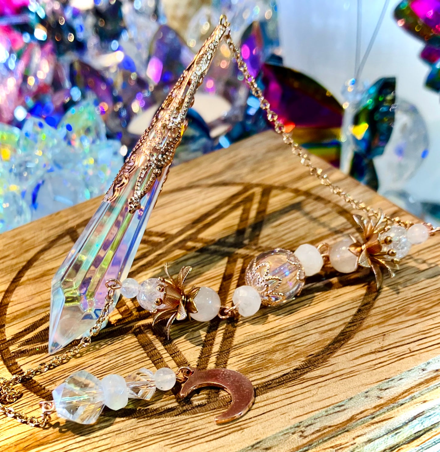 Aura glass and blue moonstone pendulum