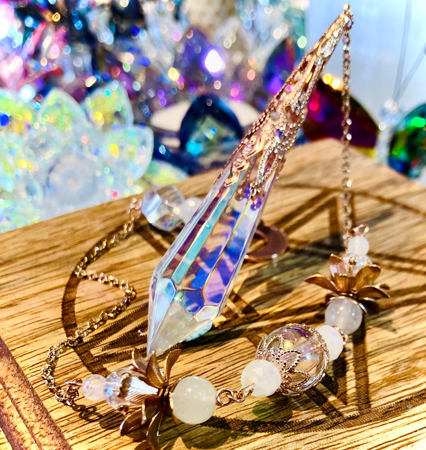 Aura glass and blue moonstone pendulum