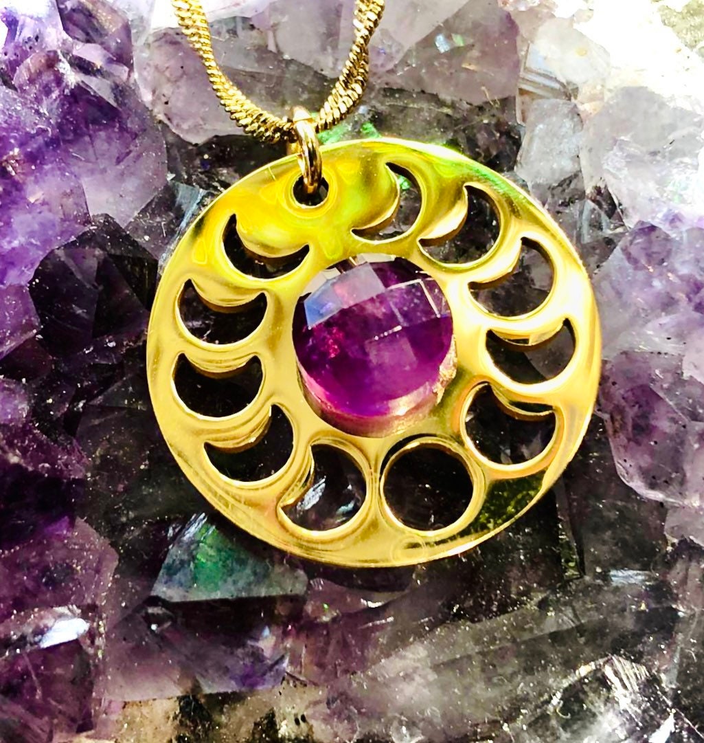 Amethyst gold-plated stainless steel moonphase pendant