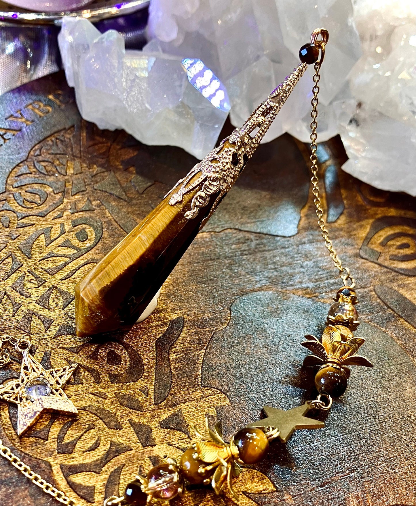 3D flower tiger eye fairy pendulum