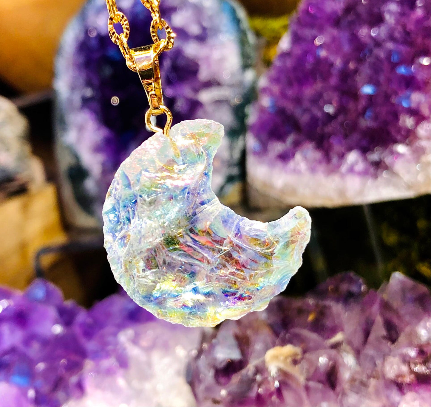 Angel Aura Crystal Crescent Moon Pendant