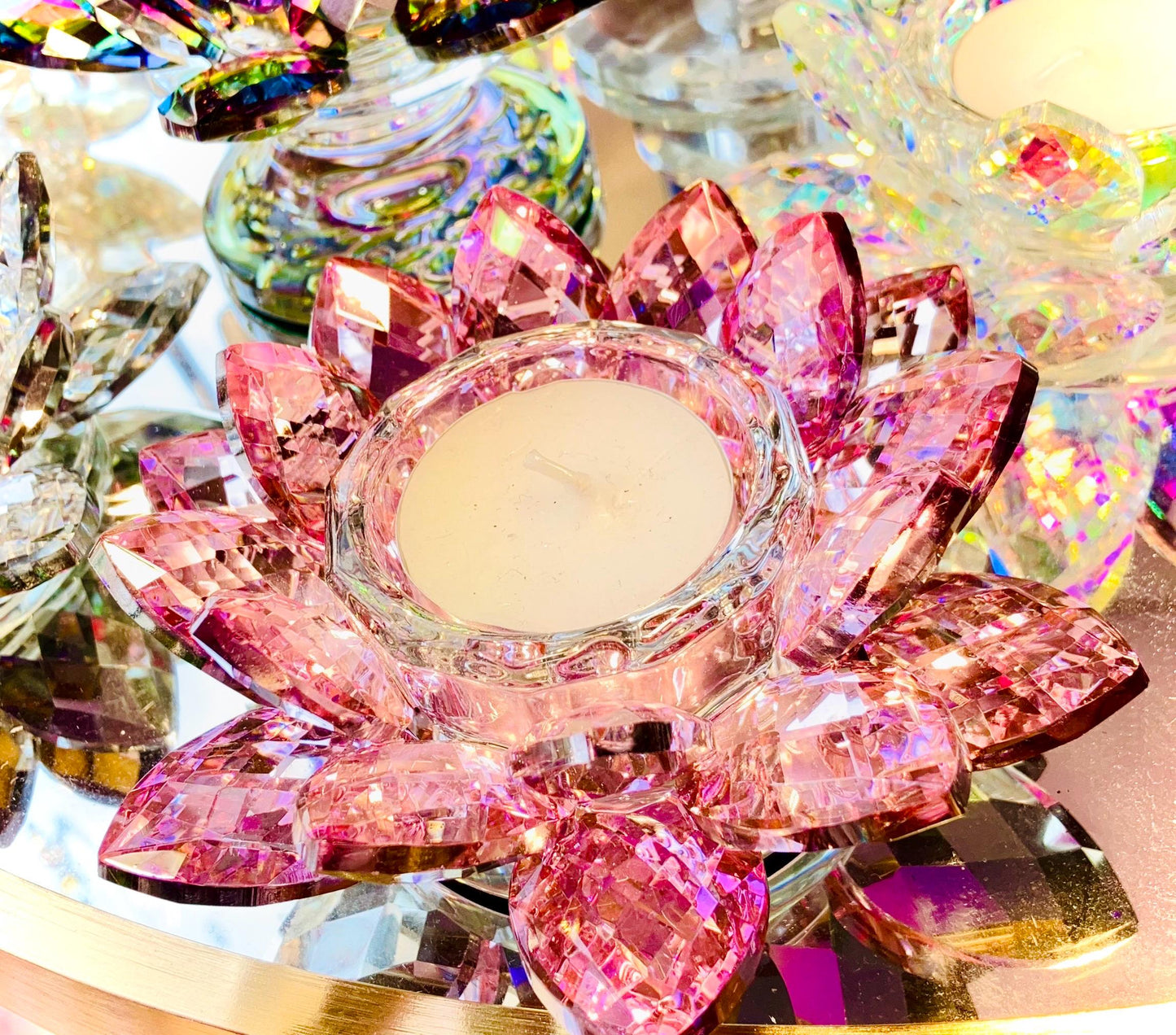 Pink glass crystal lotus flower candle holder