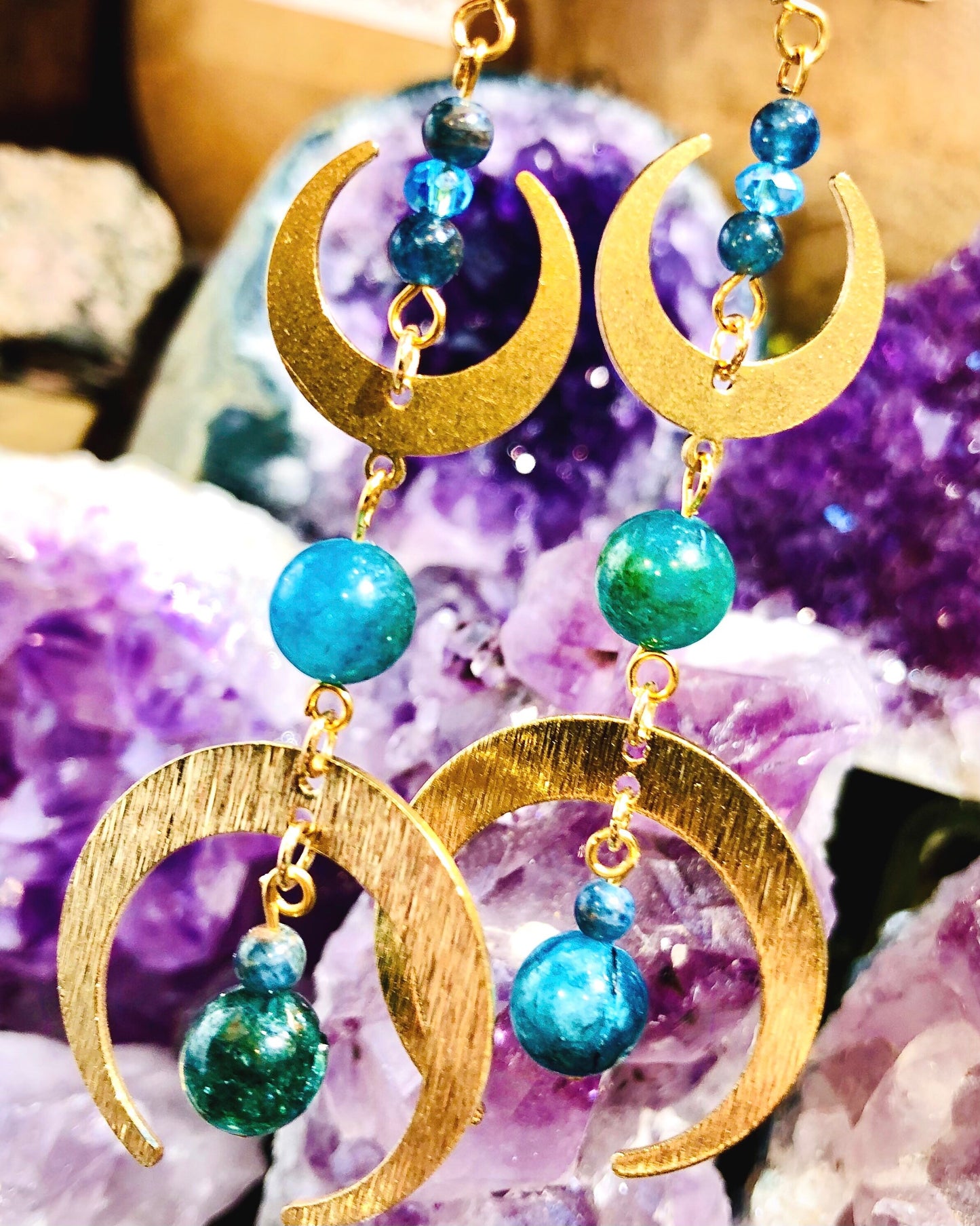 Blue apatite triple moon crescent moon earring