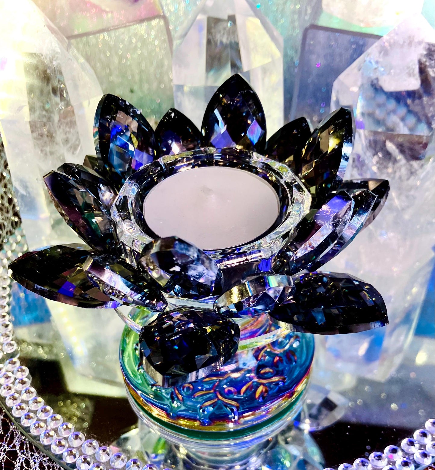 Black glass crystal lotus flower candle holder