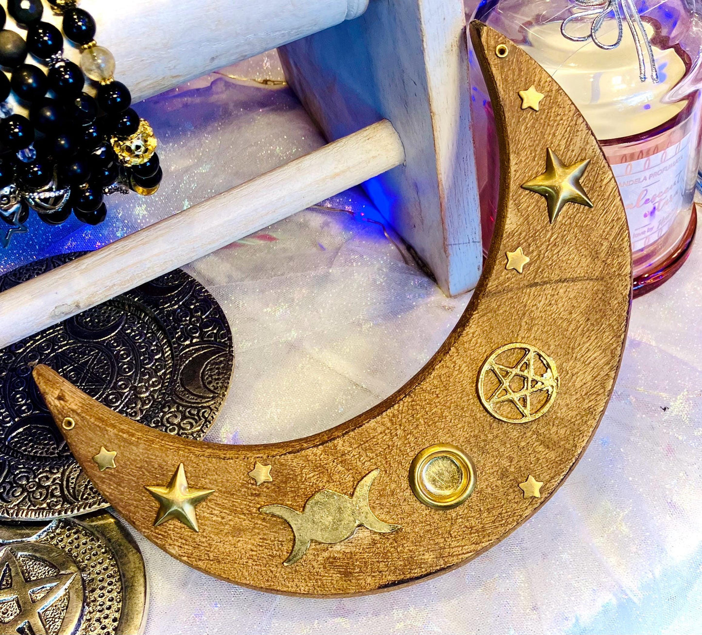 Large crescent moon incense stick and cone holder