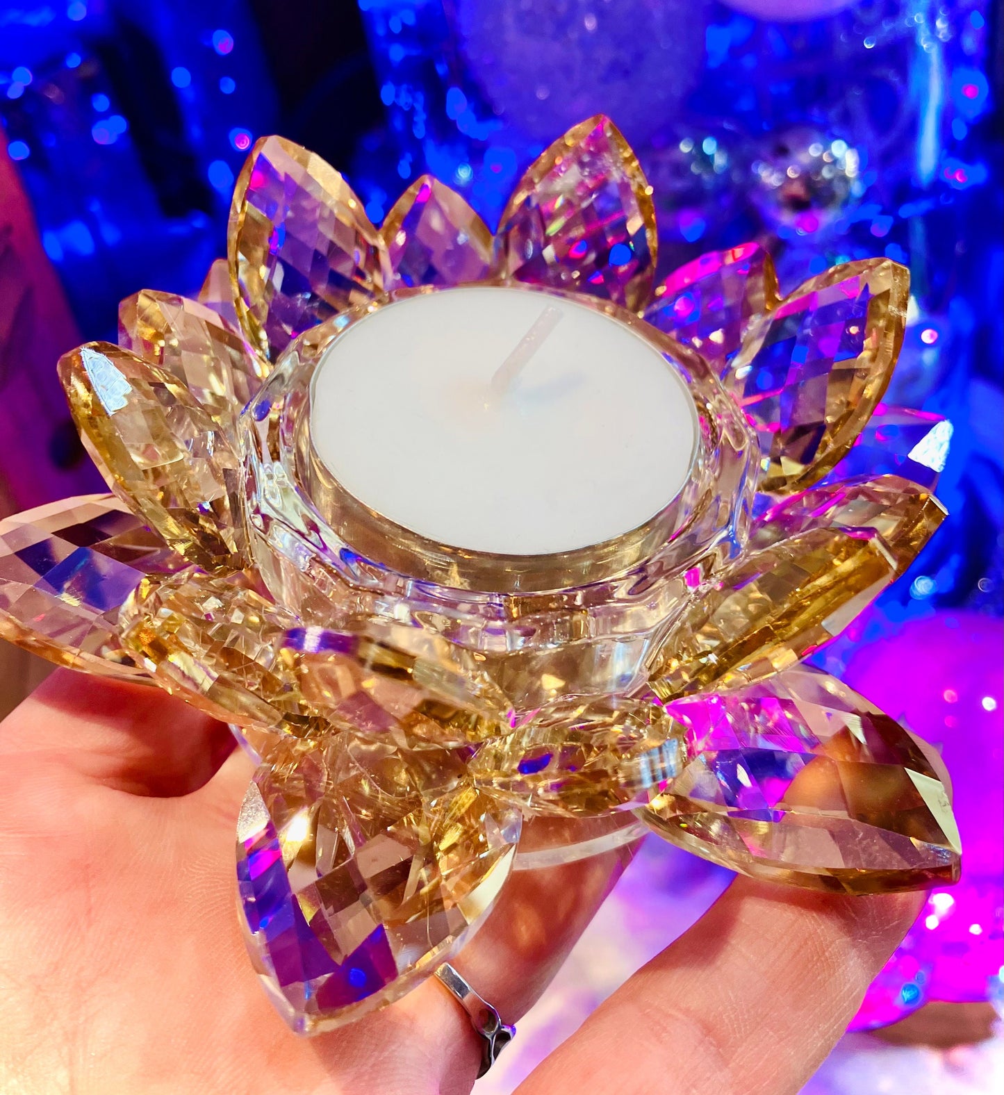 Amber glass crystal lotus flower candle holder