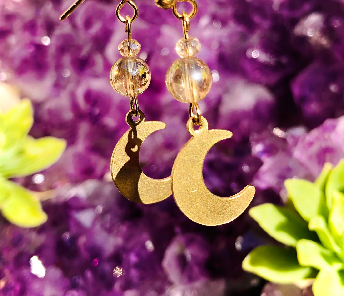 Small crescent moon earring with fire aura quartz
