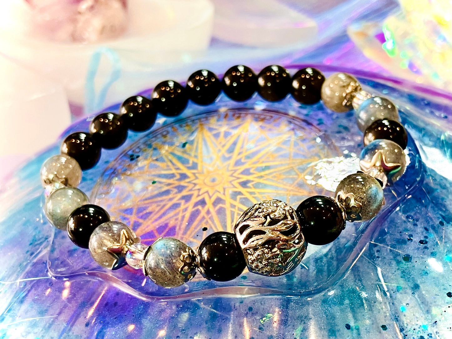 Celestial obsidian and blue labradorite protection bracelet